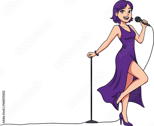 Beautiful cartoon female singer in purple dress, holding microphone, singing on stage, glamorous pop star character, animated music performance
