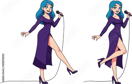 Beautiful cartoon female singer in purple dress, holding microphone, singing on stage, glamorous pop star character, animated music performance