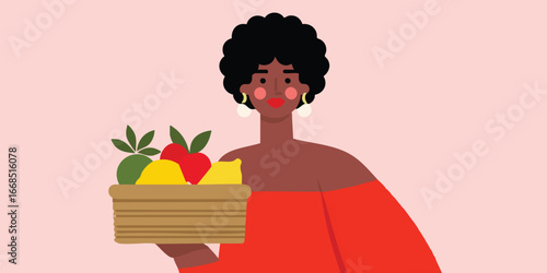 A vibrant depiction of a woman with a basket brimming with freshly harvested produce, embodying the essence of a healthy, organic lifestyle and community connection.