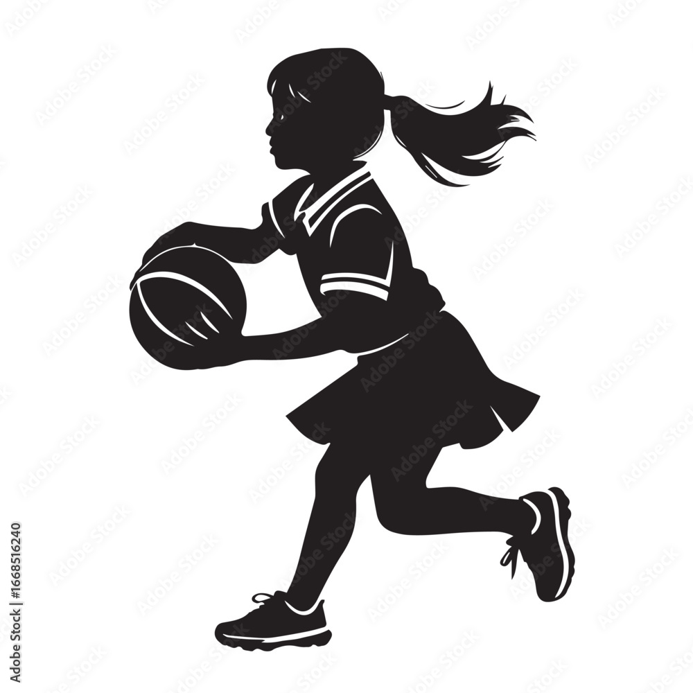 Fototapeta premium Vector art of silhouette of a young girl playing basketball, dribbling the ball while running