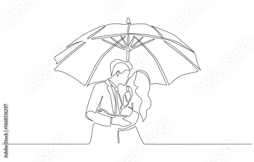 Continuous one line drawing of couple sharing intimate kiss under umbrella, symbolizing pure essence of love and closeness without distraction, single line art