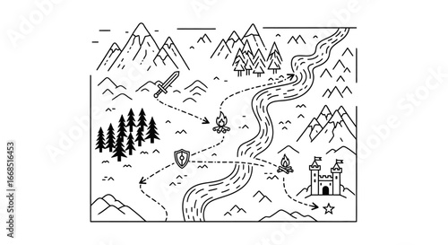 adventure map illustration medieval castle, mountains, river, forest, sword, shield