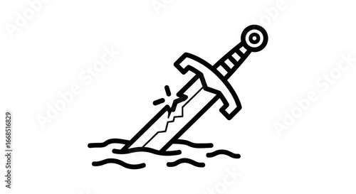 broken sword in water line art, medieval, fantasy, loss, defeat, game asset