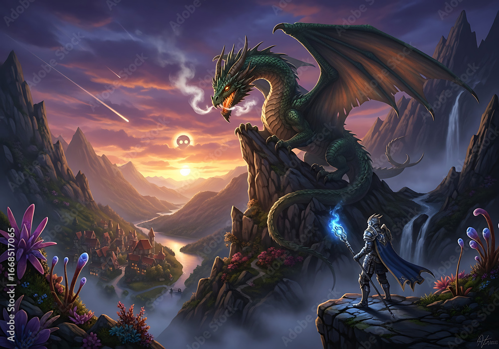 Fototapeta premium Majestic dragon perched on mountainous cliff overlooking a mystical valley at sunset with a sorcerer