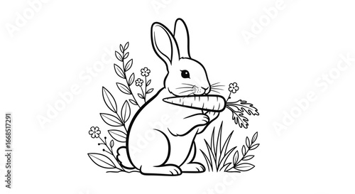 cute bunny rabbit eating carrot, line art, spring, easter, garden, floral