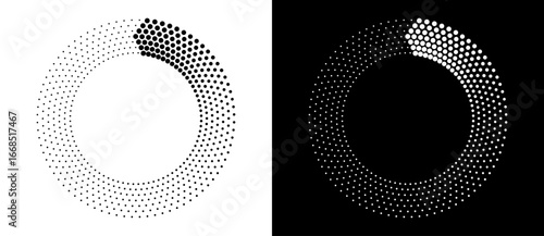 Circle abstract background with dynamic halftone dots like arrows. Black shape on a white background and the same white shape on the black side.