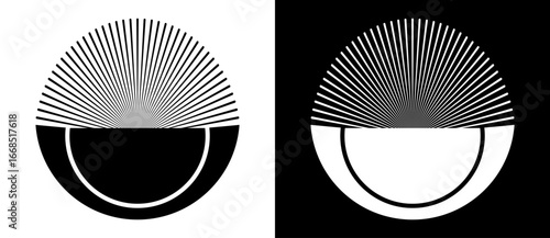 Art sun background. Icon template or logo with lines. Design element or label. Black shape on a white background and the same white shape on the black side.