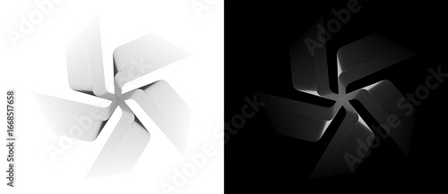 Abstract background with lines in spiral. Art design spiral as logo or icon with 5 parts. A black figure on a white background and an equally white figure on the black side.