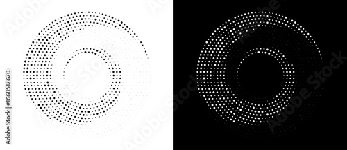 Modern abstract background. Halftone dots in spiral form. Round logo, design element or icon. Vector dotted frame. A black figure on a white background and an equally white figure on the black side.