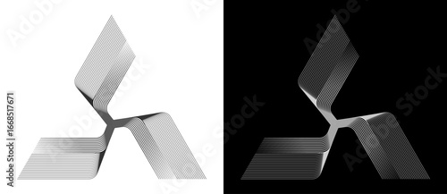 Abstract background with lines in spiral. Art design triangle as logo or icon with 3 parts. A black figure on a white background and an equally white figure on the black side.
