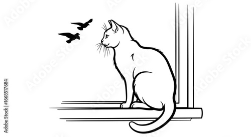 elegant cat on windowsill watching birds line art, pet, feline, nature