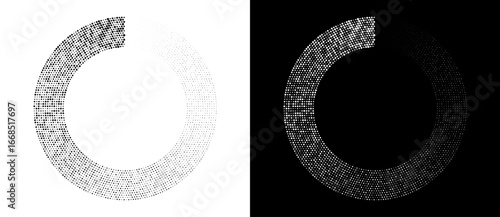 Modern abstract background. Halftone dots in spiral form. Round logo, design element or icon. Vector dotted frame. A black figure on a white background and an equally white figure on the black side.