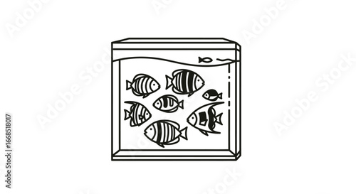 fish tank illustration simple aquarium with seven fish, black and white graphic