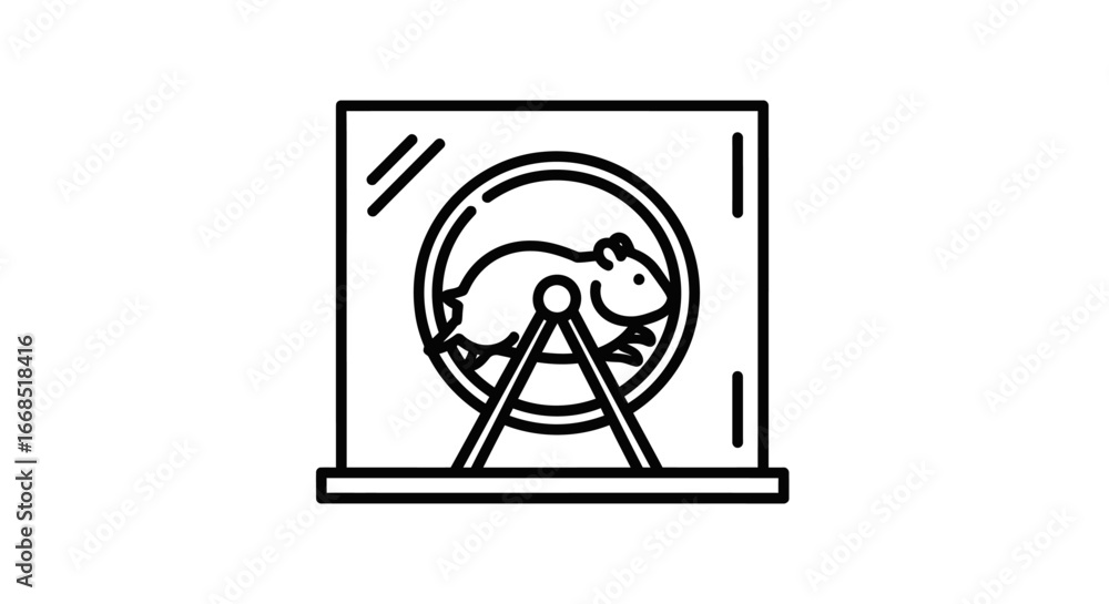 Obraz premium hamster in wheel, pet rodent exercise, cute animal icon, line art, simple design, cage, wheel running, pet care