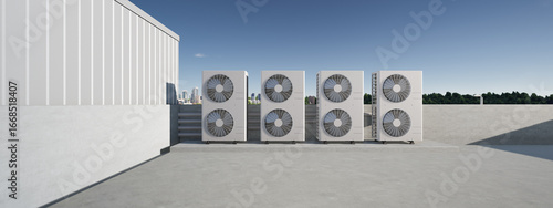 Fotografía 3d rendering of condenser units on rooftop of industrial building, climate control technology in air conditioning HVAC systems