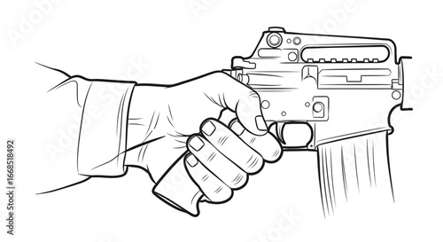 hand holding ar15 rifle, detailed line drawing, weapon, military, firearm