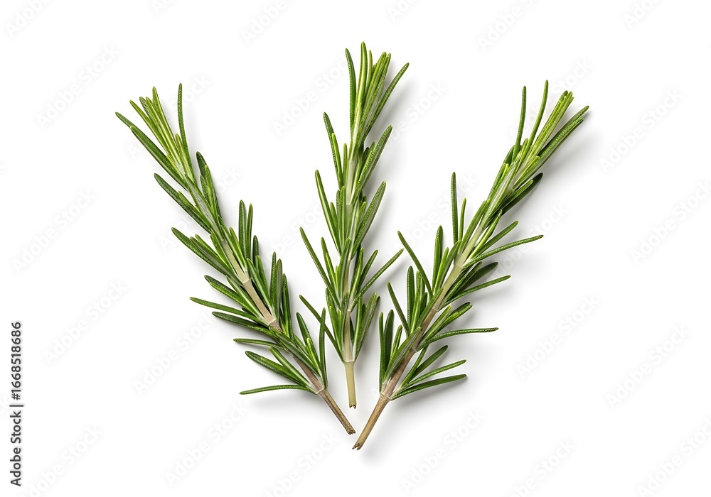 Fototapeta premium Three sprigs of fresh rosemary herb, isolated on white background