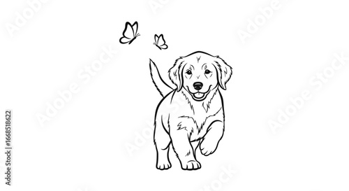 happy golden retriever puppy running with butterflies line art
