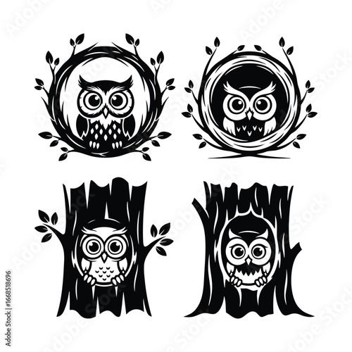 Cute Owls in Nest and Tree Hollow - Vector Illustration Set