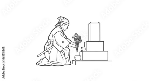 japanese man in traditional clothing placing flowers at a grave, remembrance, ancestor worship, solemn ceremony