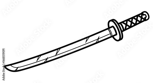 katana sword, japanese samurai weapon, line art, monochrome, blade, illustration