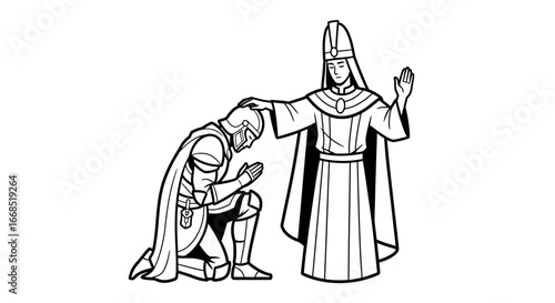 knight kneeling before religious leader, medieval, faith, spirituality, oath, allegiance, black and white illustration