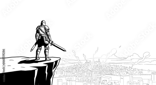 knight on clifftop, sword drawn, contemplating medieval cityscape