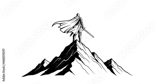 knight on mountaintop victory, achievement, sword, cape, hero, conquest