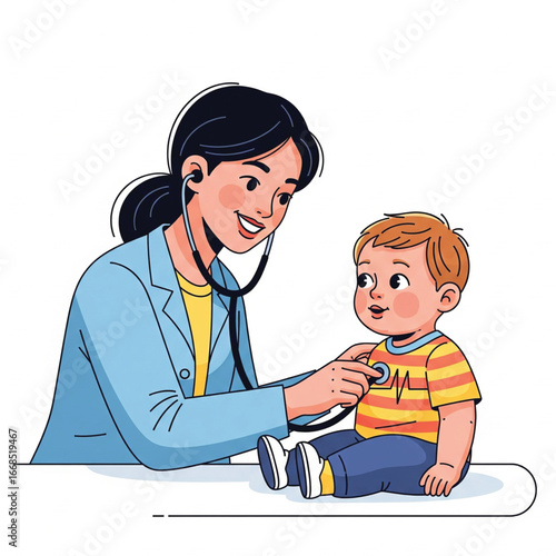 cartoon illustration of a female doctor examining a toddler on a white background
