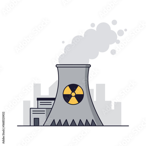 Nuclear power plant with smokestack and cityscape in background illustration