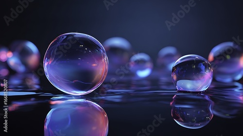 Vibrant bubbles reflecting light and color on dark wet surface background