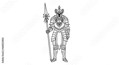 ornate medieval knight in full armor with spear line art illustration
