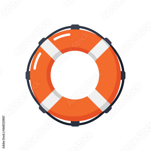 An orange life preserver ring with white stripes and black straps
