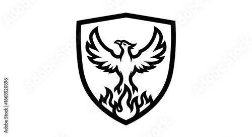phoenix firebird emblem fiery bird in shield logo design, rebirth symbol