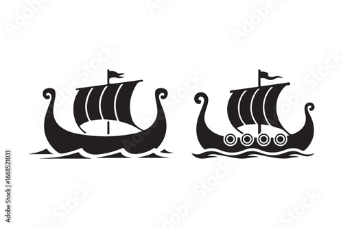 Two black silhouette viking longships sailing on waves