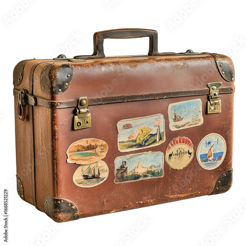 Vintage travel suitcase with destination stickers isolated on transparent background