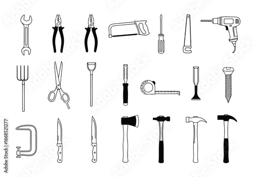 Vector illustration of assortment of handdrawn tools and hardware
