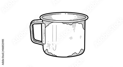 rustic enamel mug, vintage camping cup, handdrawn illustration, coffee tea drinkware, kitchenware graphic