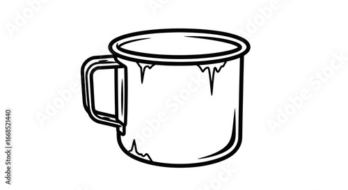 rustic enamel mug, vintage metal cup, camping drinkware, outline illustration, coffee tea mug, hand drawn