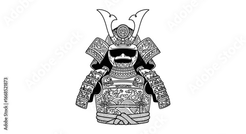 samurai skull armor japanese warrior, line art, intricate design, death, culture