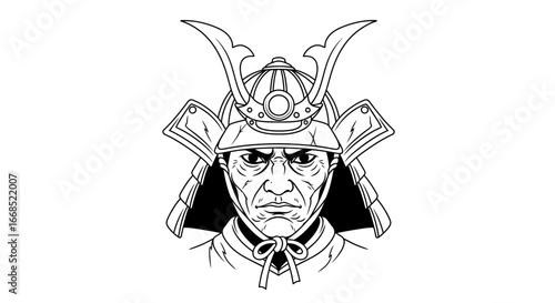 samurai warrior illustration, black and white, line art, japanese armor, helmet, kabuto, face, strong
