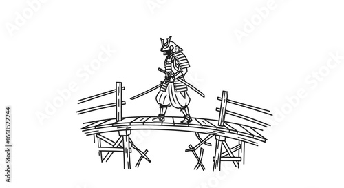 samurai warrior walking across a broken bridge, japanese culture, line art, monochrome illustration, ancient japan