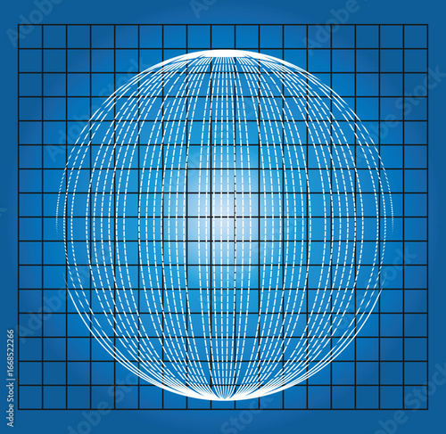  Digital grid globe on a blue background representing a three dimensional coordinate system