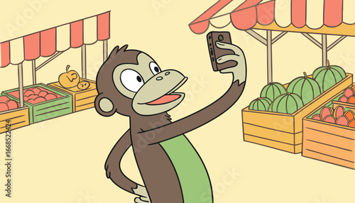 funny monkey vlogging in the market with iphone with alot of peoples