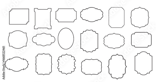 Assorted collection of decorative black line frames showcasing various shapes, like squares, ovals, and rectangles