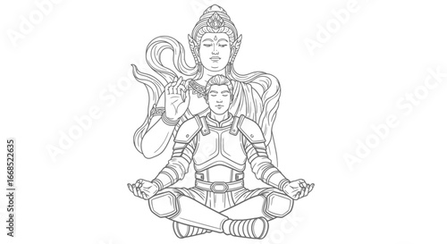 serene warrior in meditation asian art, spiritual, peaceful, line drawing, buddha