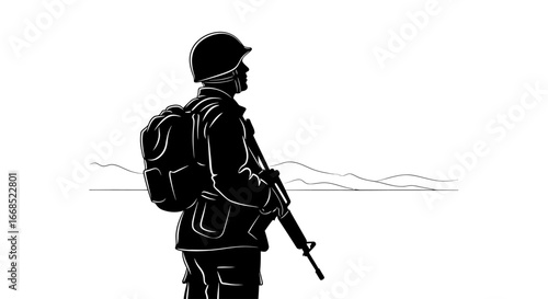 silhouette of a soldier with rifle and backpack, mountains landscape, military, army, war