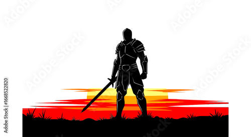 silhouette of a warrior knight at sunset, epic medieval fantasy illustration