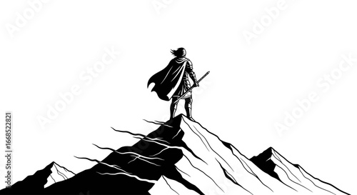 silhouette of a warrior standing on a mountain peak with a sword, victory, achievement, success