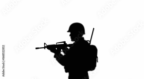 silhouette of soldier with rifle, backpack, and radio antenna